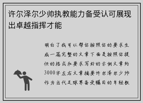 许尔泽尔少帅执教能力备受认可展现出卓越指挥才能